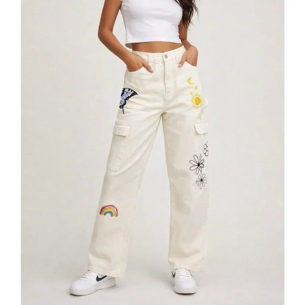 PacSun Sketchbook High Rise Carpenter Cargo Jeans Cream Graphic Doodle Size 27 - Picture 1 of 12